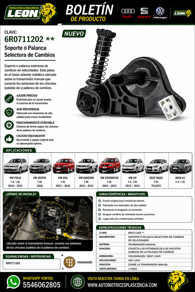 SOPORTE ó PALANCA SELECTORA DE CAMBIOS DE VELOCIDADES VW 1.4, 1.6L POLO 10-15 Y 2018, VENTO, GOL, SAVEIRO 12-13, CROSSFOX, UP 12-13, SEAT IBIZA, TOLEDO, AUDI A1