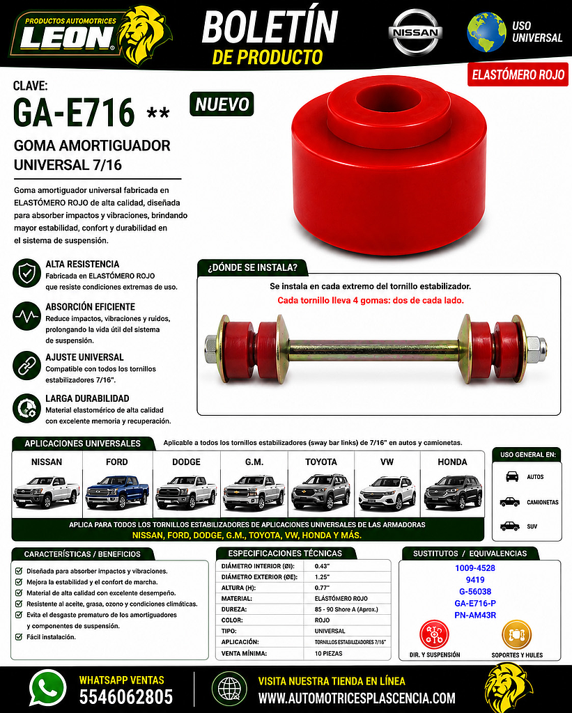 GOMA AMORTIGUADOR UNIVERSAL 7/16 #43 ØI: 0.43”, ØE: 1.25”, H: 0.77” ELASTOMERO