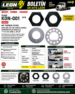 KIT TUERCA (1) R.D. DINA 600, 631 V8, FAMSA CAMION, KENWORTH EJE SENCILLO 1” 1/2-12H. 3000-J, JM-4P
