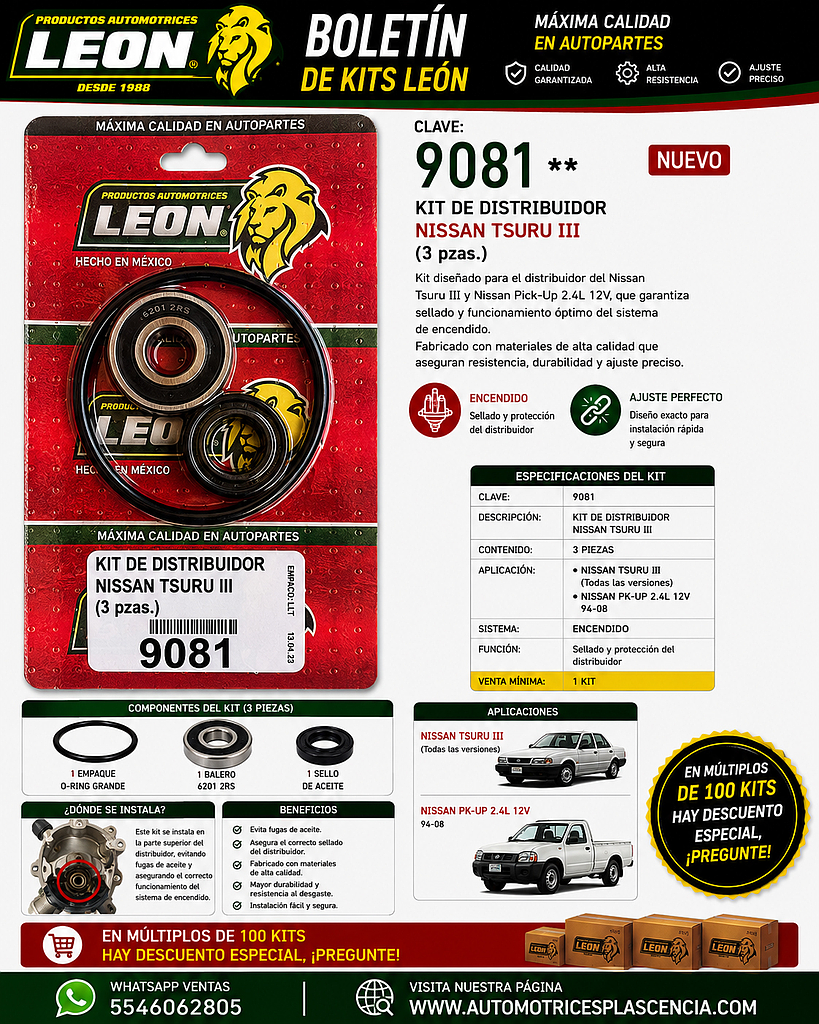 KIT DISTRIBUIDOR NISSAN PK-UP 2.4L 12V 94-08, TSURU III (3 pzas.)