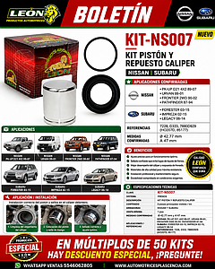 KIT PISTON Y REPUESTO CALIPER NISSAN PK-UP D21 4X2 89-07, URVAN 99-01, FRONTIER 2WD 90-02, PATHFINDER 87-94, SUBARU FORESTER 03-15, IMPREZA 02-15, LEGACY 06-14 7228 D333, 7880D929 (HO207D, 85177) Ø: 42.77 mm A: 47 mm
