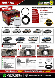 KIT PISTON Y REPUESTO CALIPER HO207B Ø: 48 mm A: 48.6 mm NISSAN TSURU I 84-87, II 88-92, III 93-17, SUNNY 82-85, SENTRA 86-94, SENTRA GA16 92-00, TSUBAME 92-00, VANETTE 82-85, SUZUKI SIDEKICK 2 PUERTAS 92-00 7155 D275, 7389 D510 S/RAN R.D.