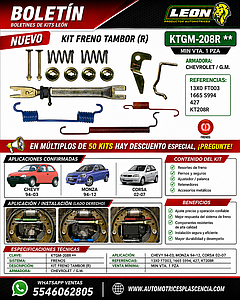 KIT FRENO TAMBOR (R) G.M. CHEVY 94-03, MONZA 94-12, CORSA 02-07 13X0 FT003, 1665 S994, 427 KT208R