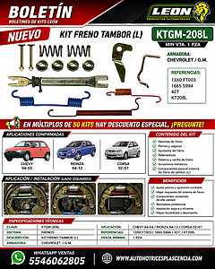 KIT FRENO TAMBOR (L) G.M. CHEVY 94-03, MONZA 94-12, CORSA 02-07 13X0 FT003, 1665 S994, 427 KT208L