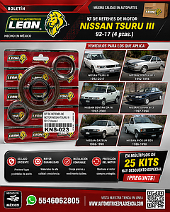 KIT DE RETENES DE MOTOR NISSAN TSURU III 92-17 (CIG. CHICO, CIG. GRANDE Y ARBOL DE LEVAS) (4 pzas.)