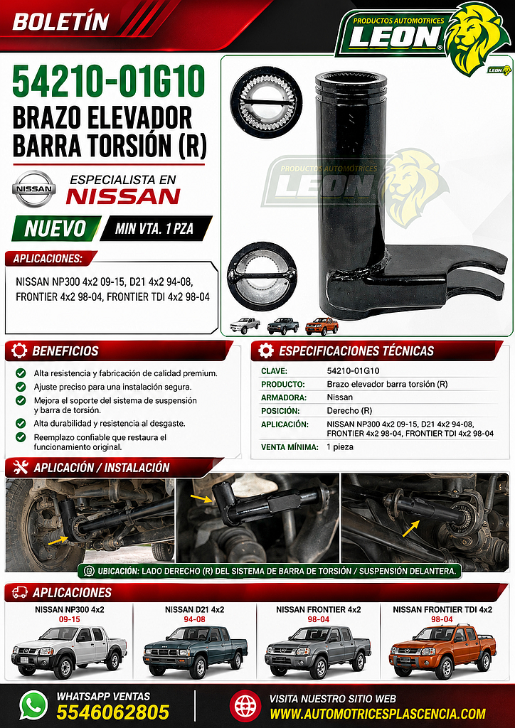 BRAZO ELEVADOR BARRA TORSION (R) NISSAN NP300 4x2 09-15, D21 4x2 94-08, FRONTIER 4x2 98-04, FRONTIER TDI 4x2 98-04