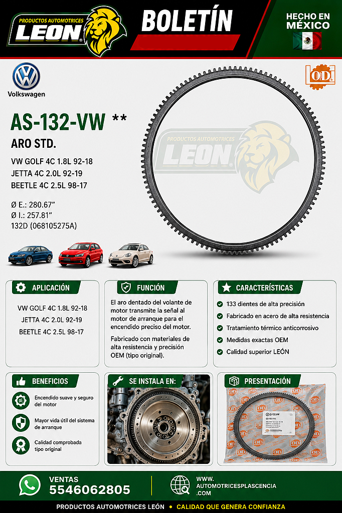  ARO STD. VW GOLF 4C 1.8L 92-18, JETTA 4C 2.0L 92-19, BEETLE 4C 2.5L 98-17 ØE.:280.67”, ØI.: 257.81” 132D (068105275A)