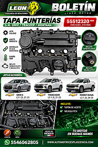 TAPA PUNTERIAS G.M. ONIX L3 1.2L 21-23, TRACKER L3 1.2L 21-25, MONTANA L3 1.2L 24-25 (INCLUYE TAPON DE ACEITE, VALVULA PCV) (55512321, 310-006)