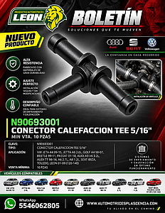 CONECTOR CALEFACCION TEE 5/16" VW JETA A4 99-15, JETTA A6 2.0L, GOLF A4 98-07, BEETLE 99-11, PASSAT 01-18, AUDI A3 V6 3.2L, AUDI TT 98-14, A6 2.7L, A8 1.2L, SEAT IBIZA, TOLEDO, LEON 01-09 (120-140)