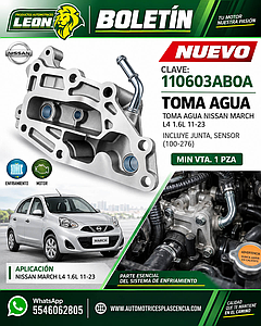 TOMA AGUA NISSAN MARCH L4 1.6L 11-23 (INCLUYE JUNTA, SENSOR) (100-276)
