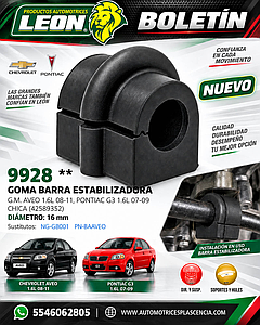 GOMA BARRA ESTABILIZADORA G.M. AVEO 1.6L 08-11, PONTIAC G3 1.6L 07-09 ØI: 16 mm (42589352)