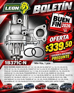 BASE BOMBA AGUA VW GOL 4C 1.6, 1.8, 2.0L 04-10, GOLF 4C 1.6, 1.8, 1.9, 2.0L 85-99, JETTA 4C 1.6, 1.8, 1.9, 2.0L 85-99, PASSAT 4C 1.8, 1.9, 2.0L 91-97, POINTER 4C 1.8L 02-09, POLO 4C 1.9L 96-02, QUANTUM 4C 1.6, 1.7, 1.8L, 5C 2.2L 82-87, SAVEIRO 1.6, 1.8, 2.0L 05-10, SHARAN 4C 1.9, 2.0L 96-00, TRANSPORTER 4C 1.9, 2.0L 91-04, CABRIO 4C 2.0L 95-02, CABRIOLET 4C 1.8L 85-93, CADDY 4C 1.5, 1.6, 1.8L 03-06, DERBY 4C 1.8L 95-97, FOX 4C 1.8L 87-93, ATLANTIC 4C 1.8L 86-87, 4000 4C 1.6, 1.7, 1.8L 82-87, 80 4C 2.0L 88-90, 90 4C 2.0L 1988, SEAT IBIZA 4C 1.6, 2.0L 93-99, TOLEDO 4C 1.6, 1.8, 2.0L 92-99, CORDOBA 4C 1.6, 2.0L 93-96, ALHAMBRA 4C 1.9, 2.0L 96-00 (037121010C) (COMPLETA c/IMPULSOR, JUNTA Y LIGAS)