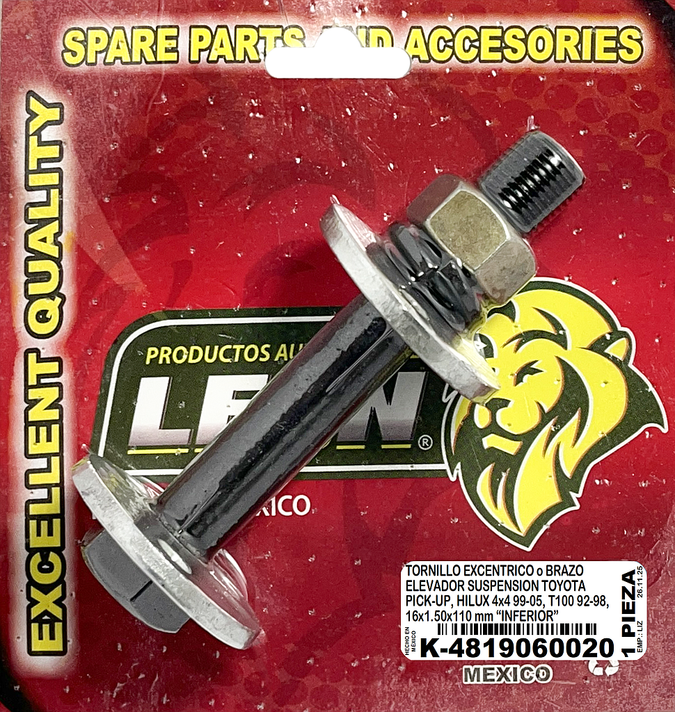 TORNILLO EXCENTRICO o BRAZO ELEVADOR SUSPENSION TOYOTA PK-UP 4x4 85-05, HILUX PK-UP 4x4 99-04, TACOMA T100 89-05 16x1.50x110 mm “INFERIOR”