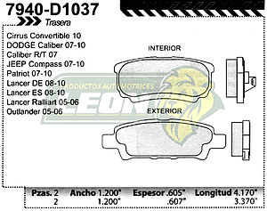 BALATA F.D. R.T. MITSUBISHI OUTLANDER 05-06, LANCER 04-09, DODGE AVENGER 08-10, CALIBER 07-09, JEEP COMPASS 07-09, PATRIOT 07-09