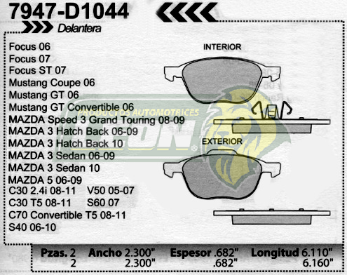 BALATA F.D. R.D. FORD FOCUS 05-09, MUSTANG 06-09, MAZDA 3 04-09, MAZDA 5 06-09, VOLVO V-50 05-06, C70, S40, C30