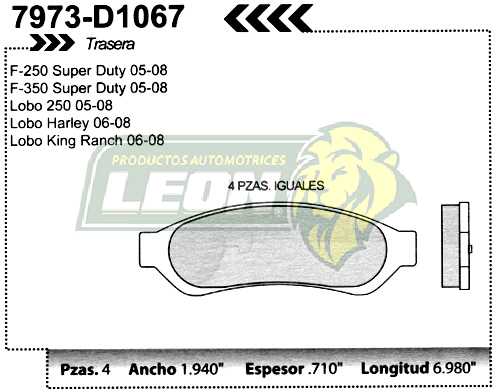 BALATA F.D. R.T. FORD F-250, F-350, LOBO FX2, FX4, LARIAT, LTS, LIMITED, KING RANCH-, ARLEY DAVIDSON 05-08