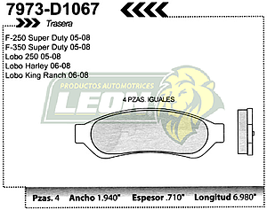 BALATA F.D. R.T. FORD F-250, F-350, LOBO FX2, FX4, LARIAT, LTS, LIMITED, KING RANCH-, ARLEY DAVIDSON 05-08