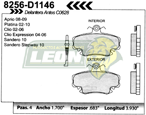 BALATA F.D. R.D. PLATINA 02-08, RENAULT CLIO 02-08 EQUIV. C-0628