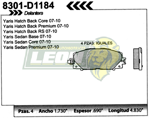 BALATA F.D. R.D. TOYOTA YARIS 07-15, PRIUS C 12-15, LEXUS CT200H 14-15