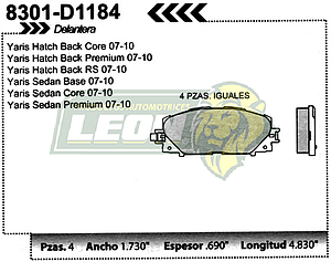 BALATA F.D. R.D. TOYOTA YARIS 07-15, PRIUS C 12-15, LEXUS CT200H 14-15