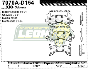 BALATA F.D. R.D. G.M. CAPRICE 80-82, MALIBU 79-81, CHEVELLE 79-82, MONTECARLO 81-85, BLAZER 89-94, S-10 PK-UP 89-92, MAXICAB 91-93