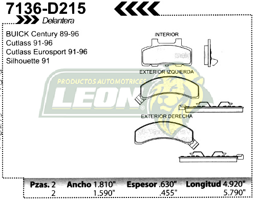 BALATA F.D. R.D. G.M. CENTURY 90-95, CUTLASS EUROSPORT 90-95, SILHOUETTE 91-94, CELEBRITY 90, OLDSMOBILLE 91-96