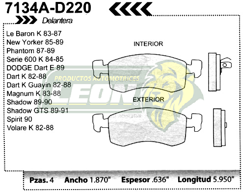 BALATA F.D. R.D. CHRYSLER SHADOW 89-90, SPIRIT 90-94, LeBARON 82-88, DART K 82-88, DART E 89-92, LEBARON 83-87, MAGNUM 83-88, NEW YORKER 85-89, PHANTOM 87-89
