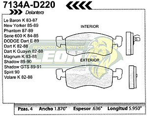 BALATA F.D. R.D. CHRYSLER SHADOW 89-90, SPIRIT 90-94, LeBARON 82-88, DART K 82-88, DART E 89-92, LEBARON 83-87, MAGNUM 83-88, NEW YORKER 85-89, PHANTOM 87-89