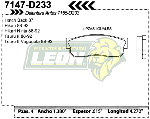 BALATA F.D. R.D. NISSAN TSURU II 88-92, HIKARI 88-92 SIN SEGURO =7155-D275