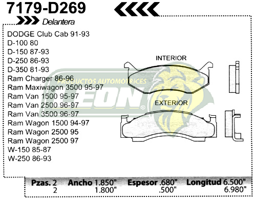 BALATA F.D. R.D. DODGE PK-UP D100 80, D-150 87-93, D-250 86-93, D-350 81-93, RAM CHARGER 86-96, RAM VAN 1500 95-97, RAM VAN 2500 94-97, RAM VAN 3500 96-97, W-150 85-87, W-250 86-93