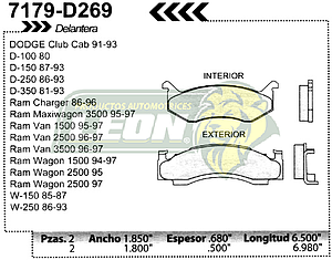 BALATA F.D. R.D. DODGE PK-UP D100 80, D-150 87-93, D-250 86-93, D-350 81-93, RAM CHARGER 86-96, RAM VAN 1500 95-97, RAM VAN 2500 94-97, RAM VAN 3500 96-97, W-150 85-87, W-250 86-93
