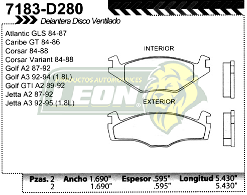 BALATA F.D. R.D. VW GOLF, JETTA A2, CORSAR 86-88, CARIBE GT DISCO VENTILADO c/SEGUROS DE CALIPER = FLD7183-D569
