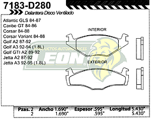 BALATA F.D. R.D. VW GOLF, JETTA A2, CORSAR 86-88, CARIBE GT DISCO VENTILADO c/SEGUROS DE CALIPER = FLD7183-D569
