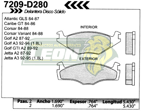 BALATA F.D. R.D. VW GOLF, JETTA A2, CORSAR 86-88, CARIBE GT DISCO SOLIDO (BALATA GRUESA)