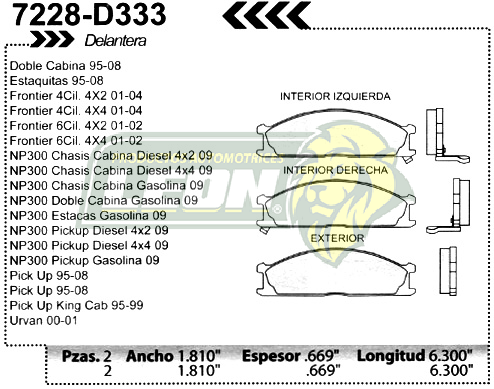 BALATA F.D. R.D. NISSAN PK-UP D21 95-07, URVAN 00-01, FRONTIER 98-04, PATHFINDER USA 87-95