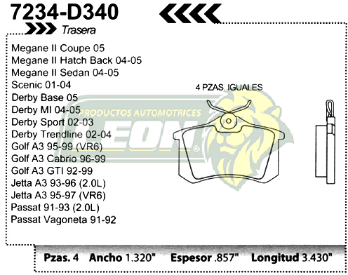 BALATA F.D. R.T. VW DERBY 02-05, GOLF, JETTA A3, GOLF, JETTA A4, PASSAT 91-05, NEW BEETLE DISCO SOLIDO, RENAULT MEGANE II 04-08, SCENIC 01-04 =FLD340-7335