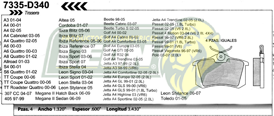 BALATA F.D. R.T. AUDI A3 01-04, A4 98-08, A4 QUATTRO 02-08, A6 00-03, A6 QUATTRO 02-03, A8 QUATTRO 01-, ALLROAD 01-03 CABRIOLET 03-05, S4 00-08, S6 01-02, TT 00-07, TT ROADSTER 00-07, TT QUATTRO 00-07, PEUGEOT 307 03-07, 307 CC 03-07, 405 97-99, SEAT IBIZA 03-07, LEON 01-05, TOLEDO 01-05, VW BEETLE 98-08, GOLF, JETTA A4 2000-, JETTA A3 2.0, VR6, PASSAT 1.8, 2.8L V6 98-05, POLO 2.0L DISCO VENTILADO =FLD340-7234