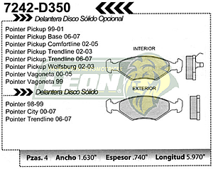 BALATA F.D. R.D. VW POINTER 98-05, POINTER VAGONETA, POINTER PK-UP DISCO VENTILADO PD-25