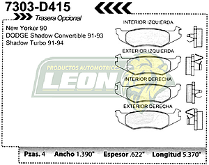BALATA F.D. R.T. CHRYSLER SHADOW TURBO 91-94, PHANTOM 89-93, NEW YORKER