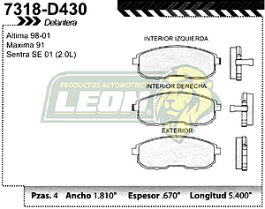 BALATA F.D. R.D. NISSAN INFINITI I30 98-01, G20, G35 05- ALTIMA, 98-01 MAXIMA 95-01 SENTRA 00-04, 350 Z 03-07 =7318-D815 / 7318-D653