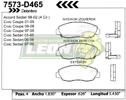 BALATA F.D. R.D. HONDA CIVIC 97-05, ACCORD 98-02 4 Cil.