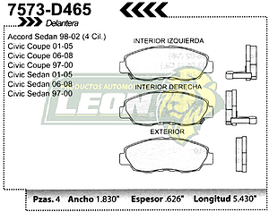 BALATA F.D. R.D. HONDA CIVIC 97-05, ACCORD 98-02 4 Cil.