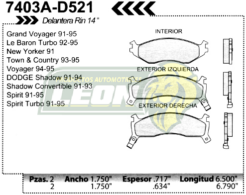 BALATA F.D. R.D. CHRYSLER LeBARON 90-95, SHADOW 91-94, SPIRIT 90-95, VOYAGER 91-95, PHANTOM 90-93, GRAND VOYAGER 91-95, NEW YORKER RIN 14”