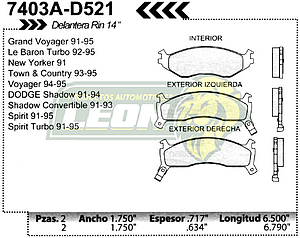 BALATA F.D. R.D. CHRYSLER LeBARON 90-95, SHADOW 91-94, SPIRIT 90-95, VOYAGER 91-95, PHANTOM 90-93, GRAND VOYAGER 91-95, NEW YORKER RIN 14”