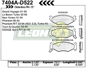 BALATA F.D. R.D. CHRYSLER LeBARON 90-95, SHADOW 91-94, SPIRIT 90-95, SPIRIT RT, VOYAGER 91-95, PHANTOM 90-93, GRAND VOYAGER 91-95, NEW YORKER RIN 15”