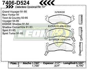 BALATA F.D. R.D. CHRYSLER SHADOW 91-94, SPIRIT Y TURBO 91-95 TOWN & CONTRY 93-95, VOYAGER, GRAND VOYAGER 91-95, NEW YORKER 91 RIN 14”