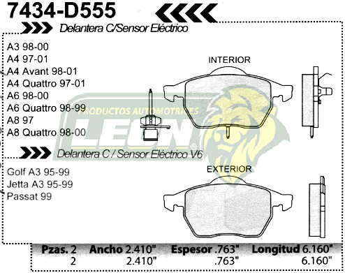 BALATA F.D. R.D. AUDI S3 97-01, A3 99-03, A4 97-01, A4 QUATTRO 98-00, A6 98-01, A8 97-00, TT 00-07, VW PASSAT VR6 99-01, PASSAT 2.8L, GOLF JETTA A3 VR6 95-99