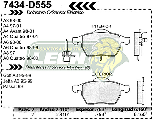 BALATA F.D. R.D. AUDI S3 97-01, A3 99-03, A4 97-01, A4 QUATTRO 98-00, A6 98-01, A8 97-00, TT 00-07, VW PASSAT VR6 99-01, PASSAT 2.8L, GOLF JETTA A3 VR6 95-99