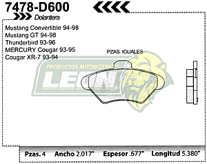 BALATA F.D. R.D. FORD COUGAR, COUGAR XR7 93-97, MUSTANG GT 94-98, THUNDERBIRD 93-97