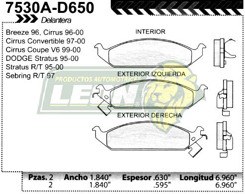 BALATA F.D. R.D. STRATUS, CIRRUS R/T 95-00, CIRRUS Y CONVERTIBLE, BREEZE V6, SEBRING 96-00